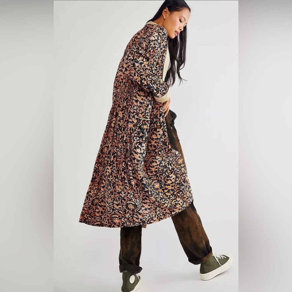 Free People Floral Print Long Duster Coat in Black and Brown